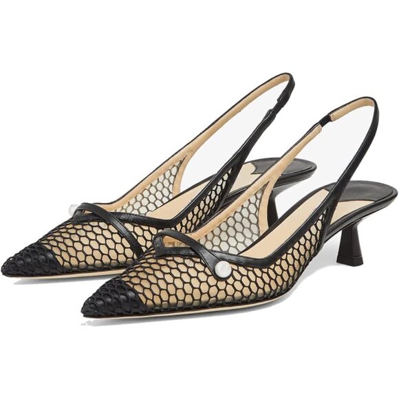 🆕Mesh Slingback Kitten Heel Pumps Women Black Synthetic Pointed Toe Dress Shoes - Picture 1 of 7